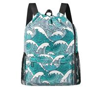 Risefit Drawstring Backpack with Mesh Pockets String Gym Bag Sackpack Sandproof Water Resistant Beach Backpack for Men Women, Blue Waves
