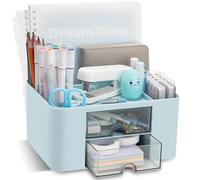 RISEMART Desk Organiser with 2 Drawers, Desk Tidy Organiser with Pen Holder, Large Capacity Desktop Organizer Stationery Storage Box for School Office Home Makeup Desk Supplies (Blue)