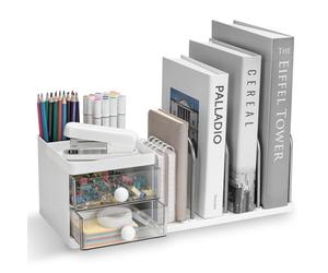 RISEMART Desk Organiser with File Holder, Versatile Desk Tidy Stationery Storage, Large Capacity Desktop Organizer for Office & School Accessories (White)