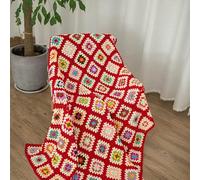 RISEON Handmade Granny Square Crochet Throw Blanket Sweater Style Mat, Crochet Quilt, Multicolor Boho Travel Accent Decor Throw for Sofa Comforter Couch Bed Recliner Living Room Bedroom (Red)