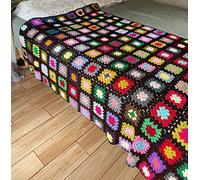 RISEON Handmade Granny Square Crochet Throw Blanket Sweater Style Mat, Crochet Quilt, Multicolor Boho Travel Accent Decor Throw for Sofa Comforter Couch Bed Recliner Living Room Bedroom (Dark Brown)