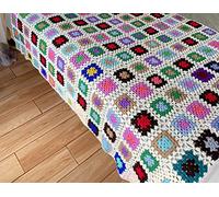 RISEON Handmade Granny Square Crochet Throw Blanket Sweater Style Mat, Crochet Quilt, Multicolor Boho Travel Accent Decor Throw for Sofa Comforter Couch Bed Recliner Living Room Bedroom (White)