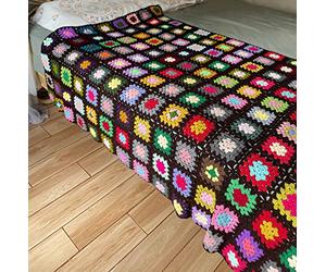 RISEON Handmade Granny Square Crochet Throw Blanket Sweater Style Mat, Crochet Quilt, Multicolor Boho Travel Accent Decor Throw for Sofa Comforter Couch Bed Recliner Living Room Bedroom (Dark Brown)