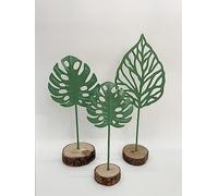 RISEON Set of 3 Green Metal Tropical Leaf Sculpture Statue with Wood Base Metal Iron Monstera Leaf Decorations Home Desktop Table Ornament Decor