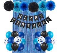 Rishafowg Blue and Black Happy Birthday Party Decorations, Boy Birthday Decorations with Banner Pompoms and Curtains Suitable for Men Women Boys and Girls