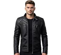 Rising Bloom Mens Black Leather Biker Jacket Casual Slim Fit Round Collar Multiple Pockets Vintage Motorbike Style Full Sleeves Bomber Jacket (as8, alpha, x_l, regular, regular, Real Leather)