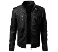 Rising Bloom Mens Black Leather Biker Jacket Casual Slim Fit Round Collar Multiple Pockets Vintage Motorbike Style Full Sleeves Bomber Jacket (as8, alpha, l, regular, regular, Real Leather)