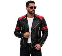 Rising Bloom Men's Brando Classic Vintage Cafe Racer Black & Red Stripes Quilted Vintage Biker Genuine Real Sheepskin Leather Jacket