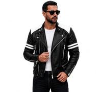 Rising Bloom Men's Brando Classic Vintage Cafe Racer Black & Red Stripes Quilted Vintage Biker Genuine Real Sheepskin Leather Jacket