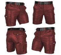 Rising Bloom Men's Real Leather Summer Cargo Shorts Club Wear Belt Short 6 Pocket (UK, Waist, 38, Regular, Short, Maroon)