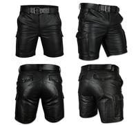 Rising Bloom Real Leather Cargo Short Black Leather 6 Pocket with Leather Belt for Men (as8, Waist, Numeric_28, Regular, Short)