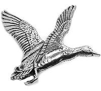 Rising Mallard Duck Pin Badge Brooch in a Grey Burlap Pouch.