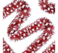 Risipu 10M Christmas Tinsel Garland Red Metallic Shiny Thick With White Snowflake Tinsel For Xmas Tree Garland, Christmas Decorations, Wedding, Birthday, New Year Party
