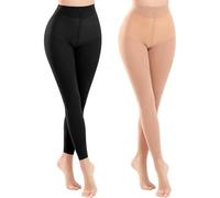 Risipu 2 Pairs Women Compression Footless Dance Tights Soft Elastic High Waist Pantyhose Support Tights Cropped Dance Socks (One Size, Plus, Black+Skin (spring and autumn))