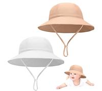 Risipu 2 Pcs Baby Sun Hat with Adjustable Chin Strap 100% Cotton Soft Bucket Hat for Newborns 3-12 Months Toddler Fishing Hats for Boys & Girls (Age 3-12 Months, White+Khaki)