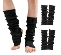Risipu 2 PCS Women's Calf-Length Stirrup Leg Warmers Knit Winter Leg Warmers for Women and Girls,Footed Ankle Warmers,Long Stretchy Dance Boot Covers (2, Black+Black, One Size)