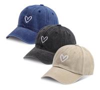 Risipu 3 Pack Baseball Cap for Women Adjustable Cotton Baseball Hats with Heart Embroidery Ladies Men Casual Caps Sun Protection Outdoor Sports Hats (UK, Alpha, One Size, Black, Khaki, Navy Blue)