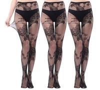 Risipu 3 Pairs Black Women Fishnet Tights Sexy Fishnet Stockings High Waisted Fishnets Pantyhose Ladies Rose Mesh Tights for Halloween Party Holiday (One Size, Rose A)