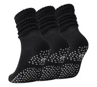 Risipu 3 Pairs Pilates Socks for Women,Yoga Slouch Socks with Grip for Barre Workout Hospital Long Scrunch Slipper Socks (UK, Alpha, One Size, Regular, Regular, Black)