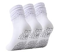 Risipu 3 Pairs Pilates Socks for Women,Yoga Slouch Socks with Grip for Barre Workout Hospital Long Scrunch Slipper Socks (UK, Alpha, One Size, Regular, Regular, White)