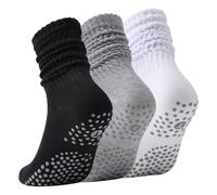 Risipu 3 Pairs Pilates Socks for Women,Yoga Slouch Socks with Grip for Barre Workout Hospital Long Scrunch Slipper Socks (UK, Alpha, One Size, Regular, Regular, Black+White+Gray)