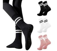 Risipu 3 Pairs Pilates Socks With Grips for Women,Cute Non Slip Crew Grippy Yoga Socks Grippy Sticky for Hospital Dance Barre Workout (UK, Alpha, One Size, Regular, Regular, Black+White+Pink)