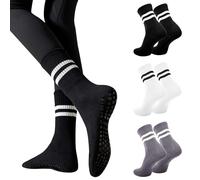 Risipu 3 Pairs Pilates Socks With Grips for Women,Cute Non Slip Crew Grippy Yoga Socks Grippy Sticky for Hospital Dance Barre Workout (UK, Alpha, One Size, Regular, Regular, Black+White+Gray)