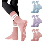 Risipu 3 Pairs Pilates Socks With Grips for Women,Cute Non Slip Crew Grippy Yoga Socks Grippy Sticky for Hospital Dance Barre Workout (UK, Alpha, One Size, Regular, Regular, Blue+Purple+Pink)