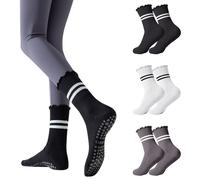 Risipu 3 Pairs Pilates Socks with Grips Non Slip Ruffle Yoga Socks for Women Grip Socks for Barre Ballet Dance Barefoot Workout Gym (UK, Alpha, One Size, Regular, Regular, 3 Pairs - Black+White+Gray)