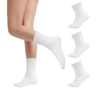 Risipu 3 Pairs Ruffle Socks Women Casual Cute Ankle Socks Breathable Knit Cotton Soft Frilly Crew Socks for Women (UK, Alpha, One Size, Regular, Regular, 3 Pairs - White)