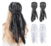Risipu 4 Pack Large Square Satin Silk Scarf for Women, 35”Silky Soft Solid Colour Hair Scarves Bandana, Lightweight Sleeping Hair Wrap, Plain Silk Like Headscarf for Ladies Girls (black and white)