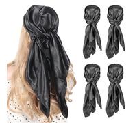 Risipu 4 Pack Large Square Satin Silk Scarf for Women, 35”Silky Soft Solid Colour Hair Scarves Bandana, Lightweight Sleeping Hair Wrap, Plain Silk Like Headscarf for Ladies Girls (black)