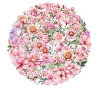 Risipu 50 Pcs Floral Stickers - Waterproof Clear PET Botanical Decals Kindle Stickers for Scrapbooking, Water Bottle, Guitar, Laptop Decoration (Pink Flowers)