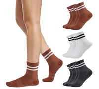 Risipu 6 Pairs Striped Crew Socks,Cozy Soft Ankle Cotton Socks for Women, Stylish Women's Casual Comfort Breathable Athletic Socks (UK, Alpha, One Size, Regular, Regular, White&Gray&Brown)