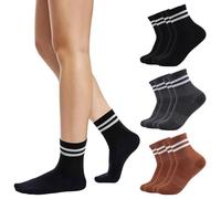 Risipu 6 Pairs Striped Crew Socks,Cozy Soft Ankle Cotton Socks for Women, Stylish Women's Casual Comfort Breathable Athletic Socks (UK, Alpha, One Size, Regular, Regular, Black&Gray&Brown)