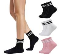 Risipu 6 Pairs Striped Crew Socks,Cozy Soft Ankle Cotton Socks for Women, Stylish Women's Casual Comfort Breathable Athletic Socks (UK, Alpha, One Size, Regular, Regular, White&Black&Pink)