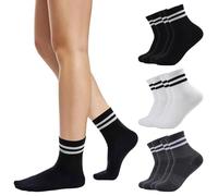 Risipu 6 Pairs Striped Crew Socks,Cozy Soft Ankle Cotton Socks for Women, Stylish Women's Casual Comfort Breathable Athletic Socks (UK, Alpha, One Size, Regular, Regular, White&Black&Gray)
