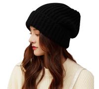 Risipu Beanie Hat for Women Knitted Winter Hats, Soft Slouchy Warm Ear Protection Design,Large Size High Elasticity Suitable for People with Different Head Circumferences Black
