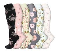 Risipu Compression Socks for Women & Men - 6 Pairs Graduated Pressure Flight Socks 20-30 mmHg, Comfortable Breathable Sports & Travel Support, Circulation & Varicose Veins Relief (Flower Set, S/M)