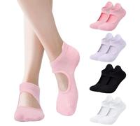 Risipu Grip Pilates Socks for Women,Non-slip Yoga Athletic Socks for Barre Ballet Barefoot Workout Hospital (UK, Alpha, One Size, Regular, Regular, 4 Pairs - Black+White+Purple+Pink)