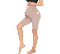 Risipu Maternity Shorts for Women Over The Belly Pregnancy Biker Shorts Workout Active Running Yoga Short Pants with Pockets (UK, Alpha, L, Regular, Regular, Beige)