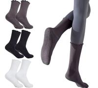 Risipu Pilates Socks with Grips for Women, Non Slip Yoga Athletic Ballet Barre Dance Gym Workout Crew Socks (UK, Alpha, One Size, Regular, Regular, Ruffle 3 Pairs - Black+White+Gray)