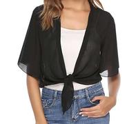 Risipu Shrugs for Women Summer Cardigan 3/4 Sleeve Lightweight Chiffon Bolero Kimono Cardigan Soft Open Front Tie Shrug (Black, S)