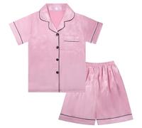 Risipu Silk Pyjamas Kids Set Unisex Short Sleeve Girls Pyjamas Solid Color for Kids (UK, Age, 13 Years, 14 Years, Regular, Pink)