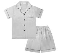 Risipu Silk Pyjamas Kids Set Unisex Short Sleeve Girls Pyjamas Solid Color for Kids (UK, Age, 9 Years, 10 Years, Regular, Grey)