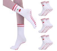 Risipu Women Cute Pilates Socks Grip Crew Yoga Socks Cherry Pattern Workout Ballet Workout Hospital Sock (UK, Alpha, One Size, Regular, Regular, 3 Pairs)
