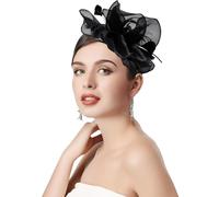 Risipu Women's Fascinators Feathers Tea Party Hat,Veil Headband with Hair Clip for Cocktail Wedding Church (UK, Alpha, One Size, Black)