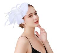 Risipu Women's Fascinators Feathers Tea Party Hat,Veil Headband with Hair Clip for Cocktail Wedding Church (UK, Alpha, One Size, White)