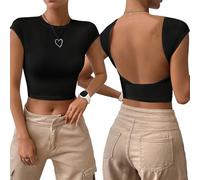 Risipu Women's Sexy Backless Crop Top Low Open Back Short Sleeve Slim Fit Crewneck Summer Y2k Going Out T-Shirts 2025 (UK, Alpha, L, Regular, Regular, Black)