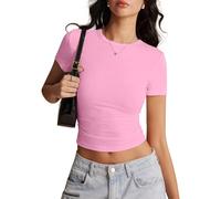 Risipu Women's Short Sleeve T-Shirts Crew Neck Slim Fit Tops Sexy Basic Tee Y2k Clothes 2026 (UK, Alpha, L, Regular, Regular, Pink)